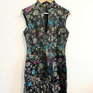 Black Metallic Chinoise Asian Cocktail Mandarin Collar Formal Mini Dress